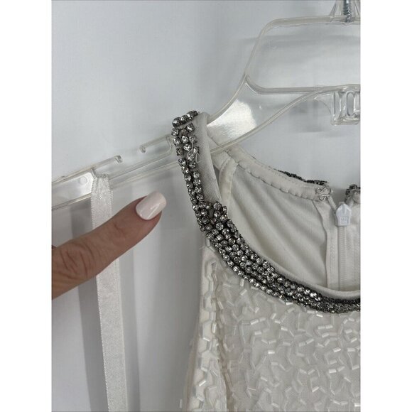 Mac Duggal Womens 4 White Beaded Sleeveless Halter Formal Long Gown Dress Flaws - Picture 7 of 16